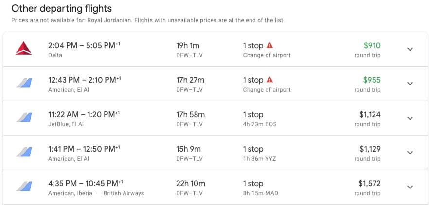 Google Flights results